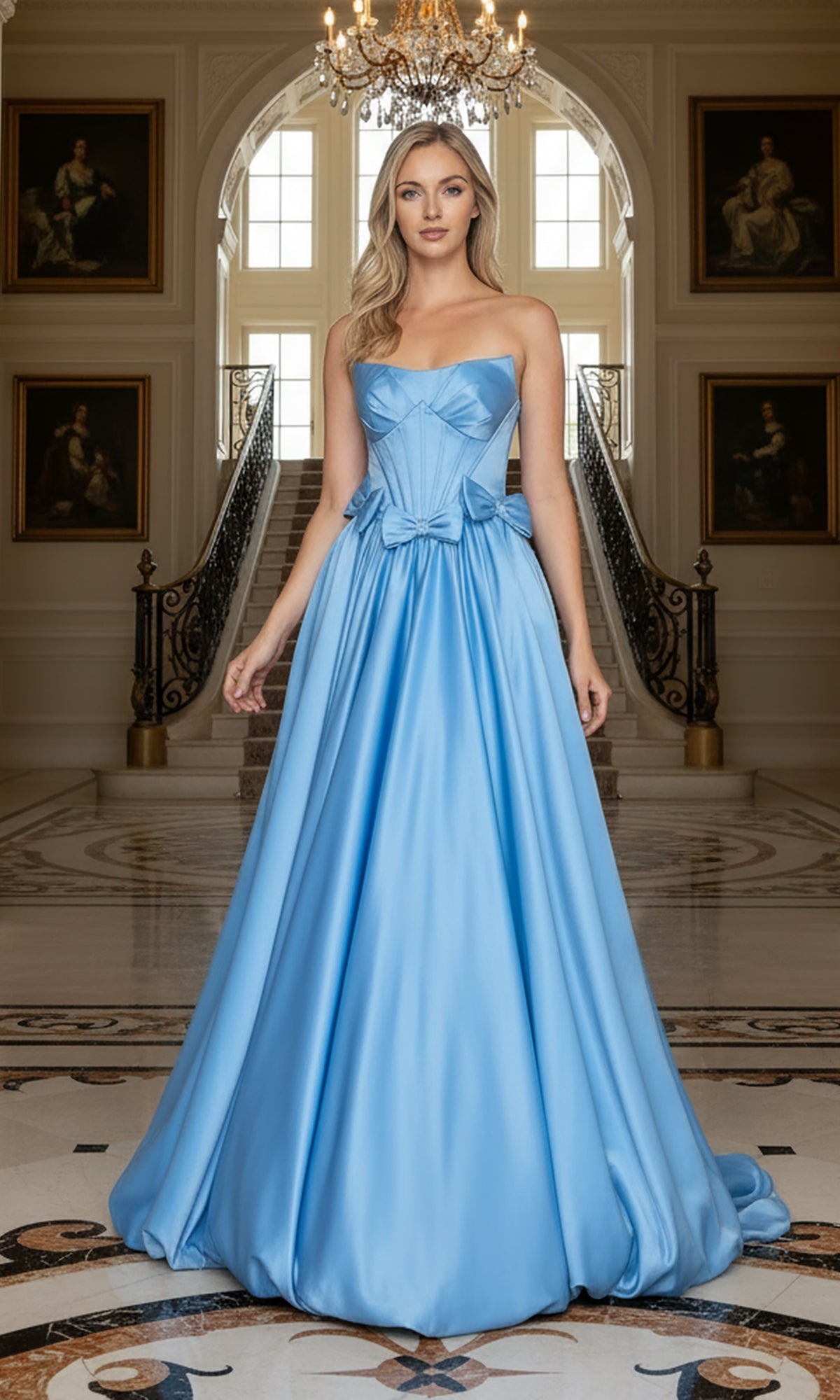 Wearing the Long Prom Dress: Poly USA 25058, a woman in a strapless satin gown with a sleek corset bodice stands in an ornate foyer with marble floors, a chandelier, and a grand staircase behind her.